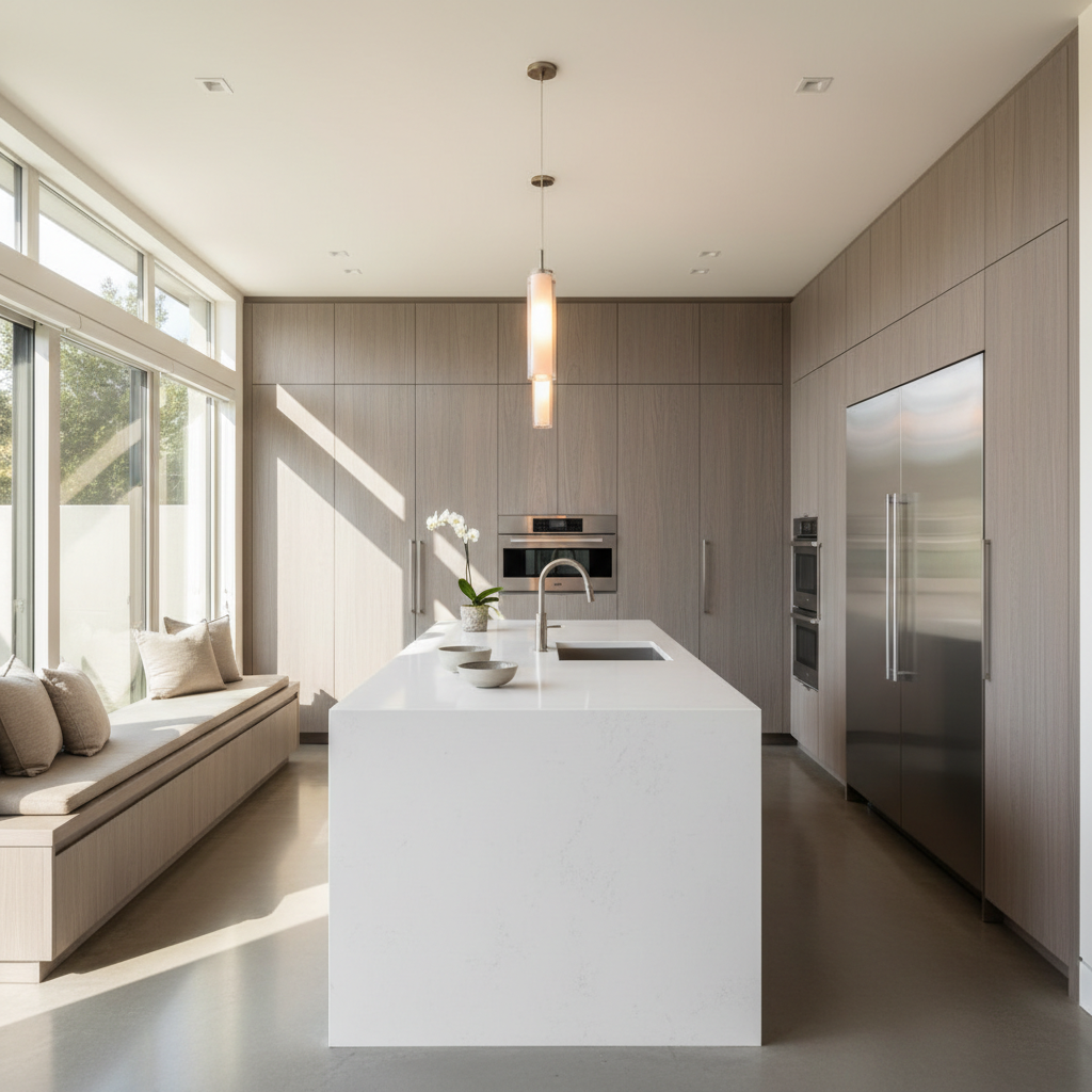 Bright upscale kitchen with integrated refrigerator and wall oven